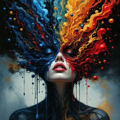 The primary subject of the image is a woman with a unique and artistic appearance. She has a black and white face with a colorful background, featuring a mix of red, blue, yellow, and orange colors. The setting appears to be a dark and moody environment, possibly a night scene. The visual style of the image is a combination of digital art and illustration, creating a striking and eye-catching portrait. The colors and mood of the image evoke a sense of mystery and intrigue, capturing the viewer